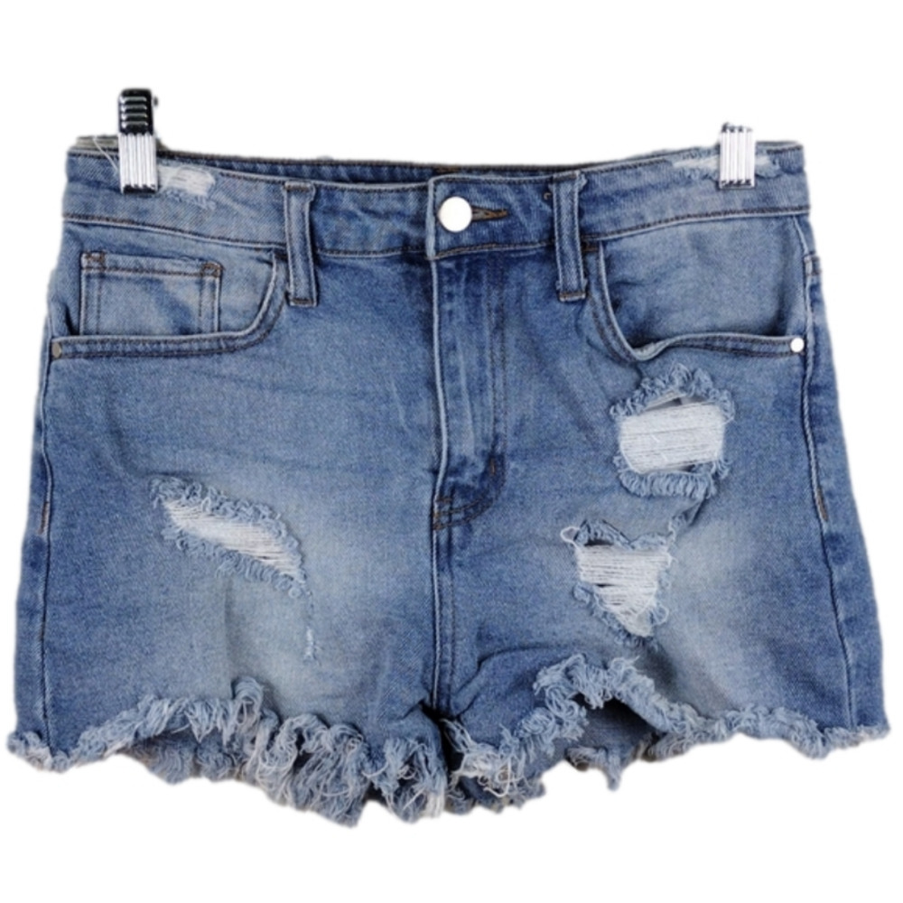Tinseltown Blue Medium Wash High Rise Five Pocket Distressed Raw Hem Jean Shorts